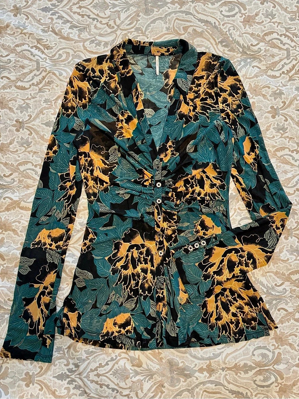 Free People Floral Mesh Button-Up Blouse